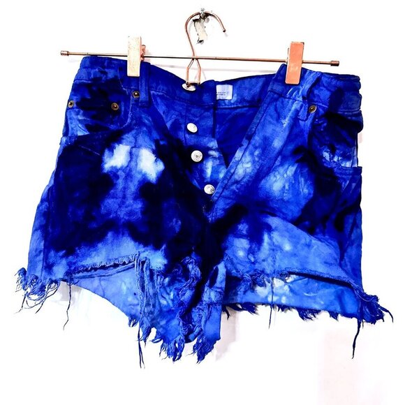Zara Pants - Zara Size 2 Blue Denim Shorts Jeans Tie Dyed Distressed Hot Fringe Tied Dye OOAK